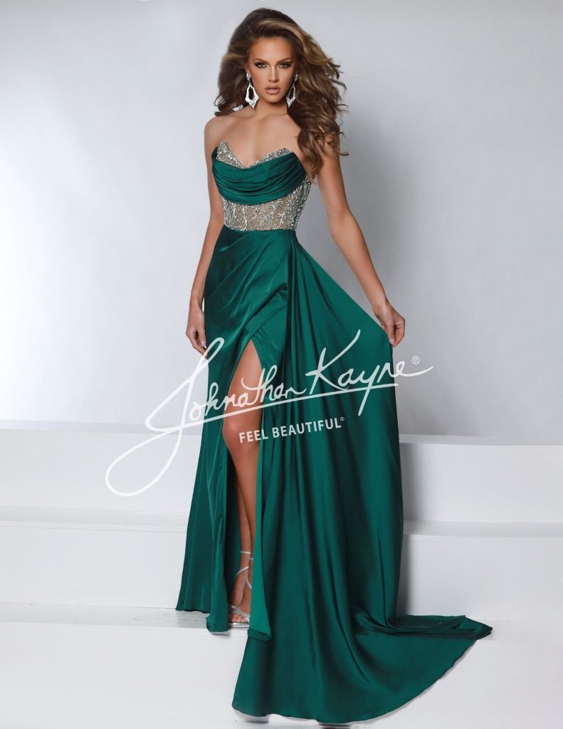 corset, exposed boning, emerald prom dress